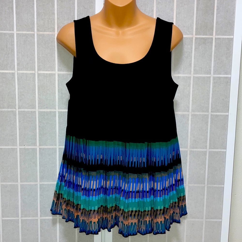 Deletta ANTHROPOLOGIE Multi Print Pleated Hem Sleeveless Tunic Babydoll Tank Top